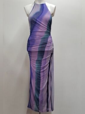 Zara Halter Marble Print Mesh Fabric  Midi Dress  Women's Small Purple Rainbow